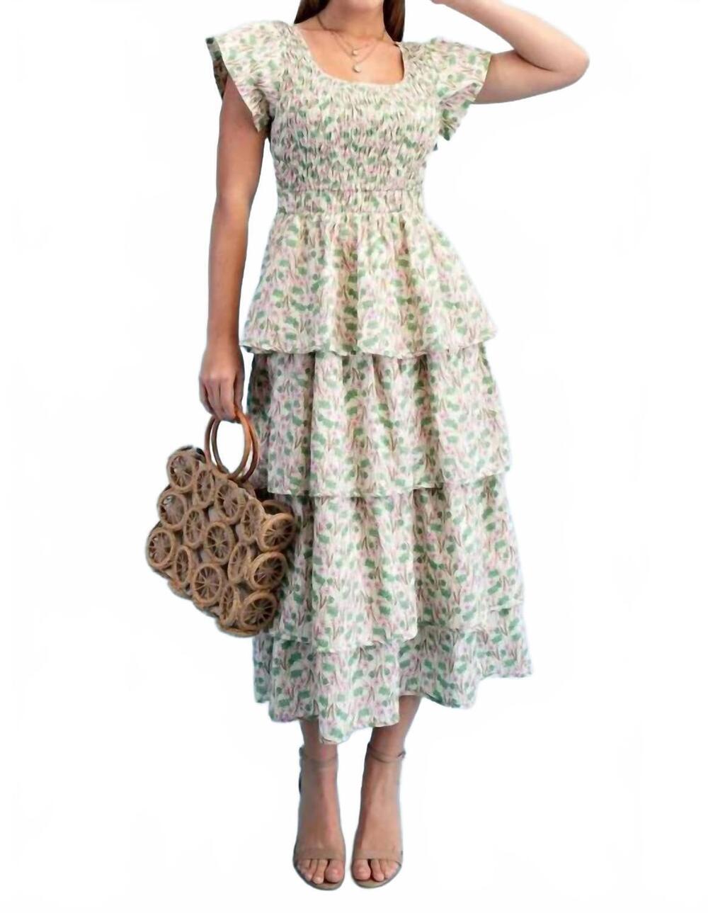 NEW GIGIO floral tiered elastic waist midi dress in green